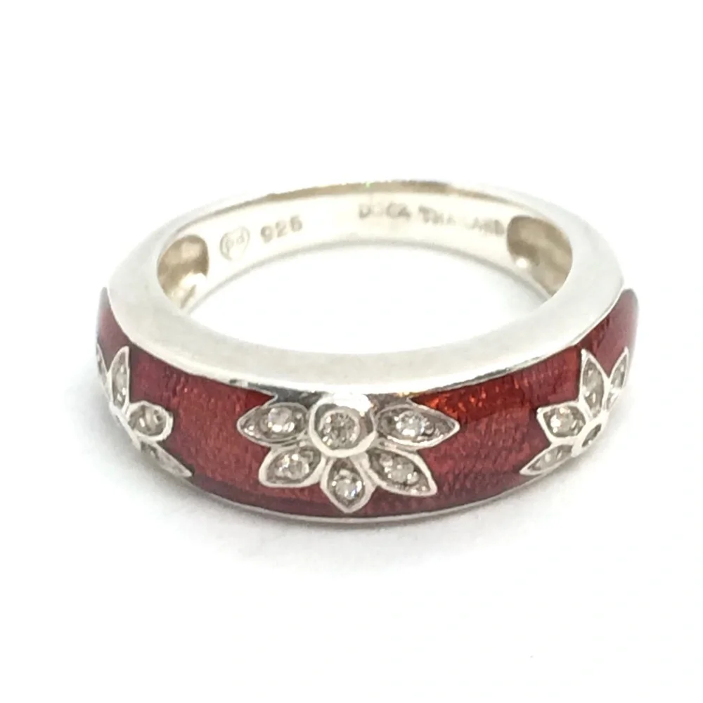 VINTAGE ENAMEL 925 PD THAILAND RING FLOWERS CZ RED STERLING SILVER SIZE 5